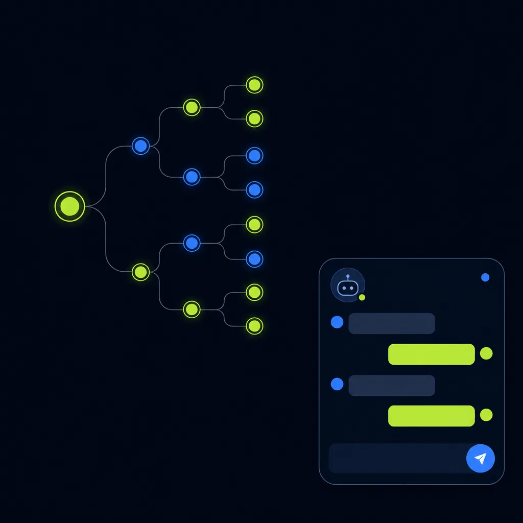 A stylised chat widget beside a branching decision tree of green and blue nodes on a dark background.
