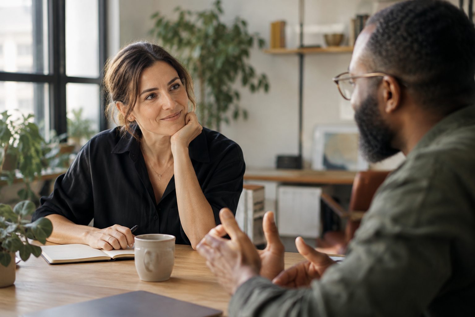 Two people in conversation across a wooden table in a calm modern office