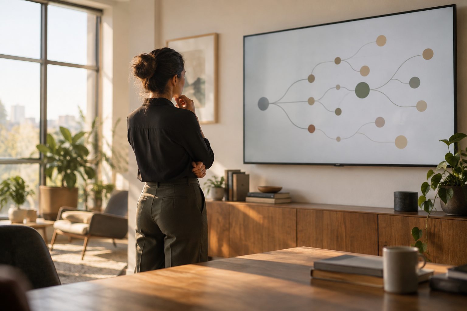 A woman studying a branching decision tree on a large display in a warm studio