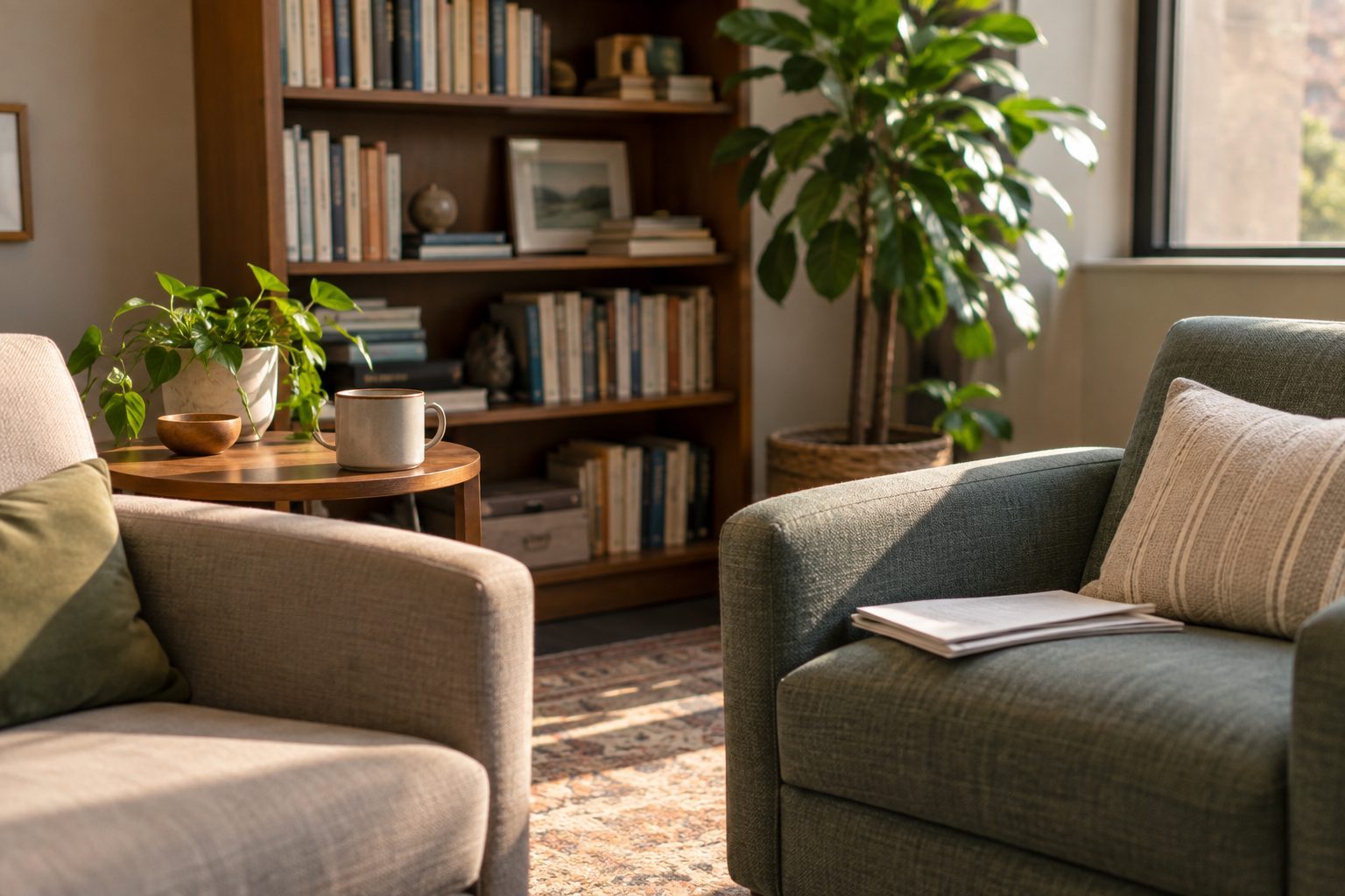 A quiet professional office corner with armchairs, bookshelf and natural light