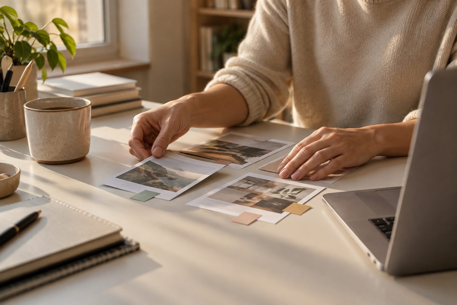 Hands arranging printed cards on a bright desk beside a laptop